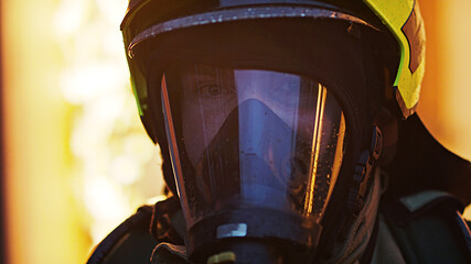 Close up, portrait of firefighter wearing gas mask in front of the burning house. High quality photo