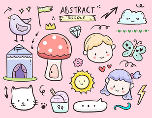 Kids item doodle cartoon drawing set collection vector illustration