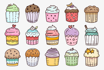 Set of cupcakes cartoon doodle drawing set collection vector illustration