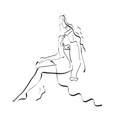 The girl sits on a stone in a romantic dress. Long hair curls. Vector illustration contoured by lines on a white background. Young woman in a jacket over her shoulders.