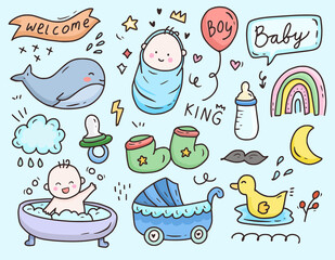 Baby boy shower party cartoon icon doodle drawing collection vector set
