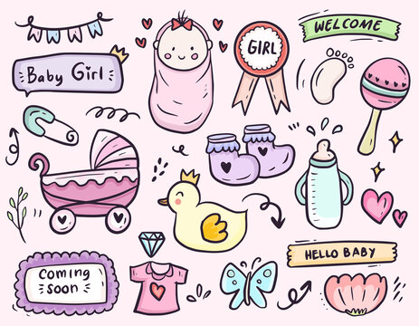 Baby girl shower party cartoon icon doodle drawing collection vector set