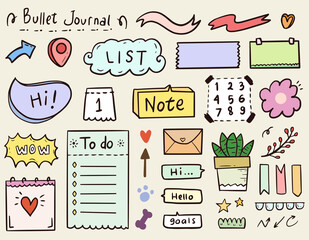 Cute bullet journal notes paper and ornament collection set in colorful style