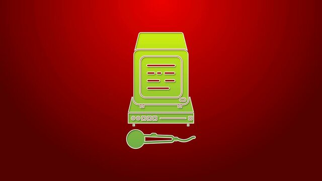 Green line Karaoke icon isolated on red background. Microphone and monitor. 4K Video motion graphic animation