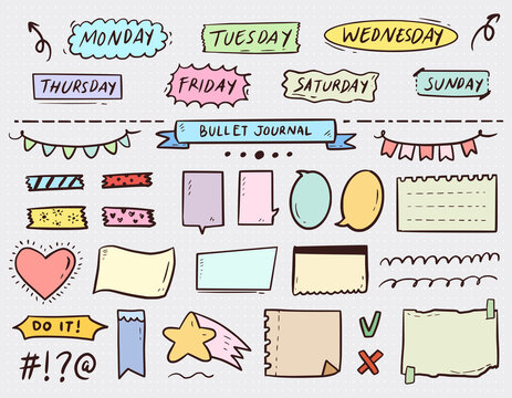 Bullet journal book notes paper and to do list collection set in colorful style
