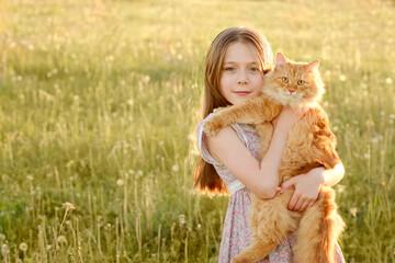 Portrait little girl with a red cat on her hands. Best friends. Interaction of children with pets. Positive human emotions, expression, feelings. 