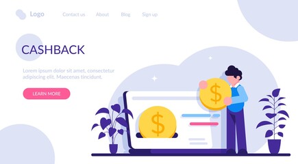 Cashback concept. Happy people receiving cashback for a buyer. oins or money transfer from laptop to e-wallet. Online banking. Saving money. Money refund. Modern flat illustration.