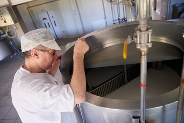 Cheese production cheesemaker working in factory