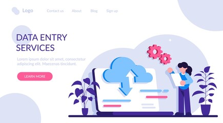 Data entry services concept. Big data, cloud technology. Large amount of information storage, sharing, analysis and processing. Tools, visualization, data entry services. Modern flat illustration.