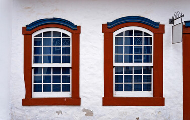 Colonial windows on facade, Tiradentes, Minas Gerais, Brazil 