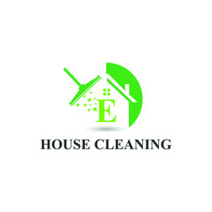 House Cleaning Service with Initial E Letter, broom and shiny icon Concept Logo Design Template. Home maintenance business	