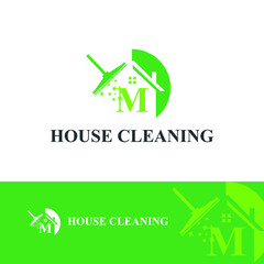 House Cleaning Service with Initial M Letter, broom and shiny icon Concept Logo Design Template. Home maintenance business	