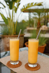 Two glasses of mango cocktail juice smoothie on the table in restaurant, summer tropical background