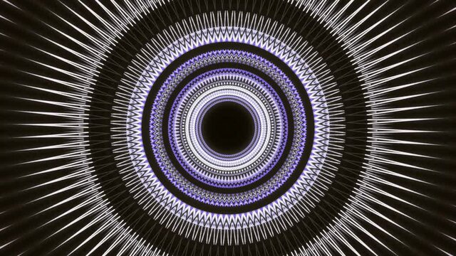 Abstract corridor with shining rings, view inside of an alien space ship in outer space. Animation. Blinking circles forming a funnel on black background, seamless loop.