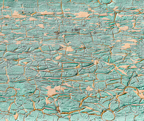 Wooden Rustic Wall. Turquoise Cracked Texture. 