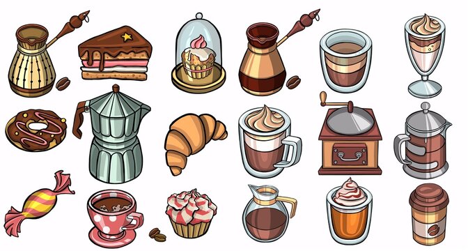 Color coffee and sweet food Handwritten cafe stuff set. Vector illustration
