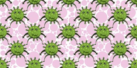 Seamless pattern of Cute cartoon germ in flat style design isolated on circle fill background. Bacteriology concept design. Cartoon microbes. Vector illustration eps10.