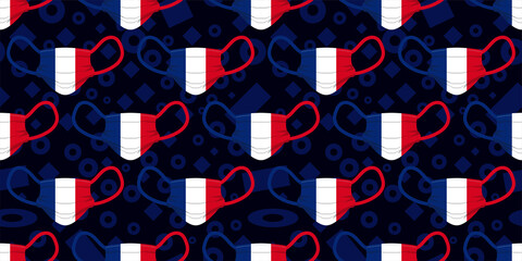 Seamless pattern of surgical mask with France Flag on memphis element background. Vector illustration eps10.