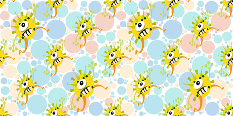 Seamless pattern of Cute cartoon germ in flat style design isolated on circle fill background. Bacteriology concept design. Cartoon microbes. Vector illustration eps10.