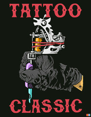 Hand with classic coil tattoo machine illustration. Hand drawn.