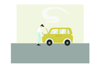 vector flat character with a broken yellow car with smoke coming out of it