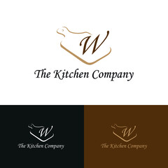 Kitchenware, Kitchen utensils business logo concept with cutting board and initial W letter template