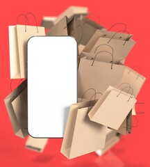 Smartphone with white blank screen. Many paper shopping bags from shopping online and e-commerce. 3D rendering.