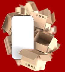 Smartphone with white blank screen. Many paper boxes from shopping online and e-commerce. 3D rendering.