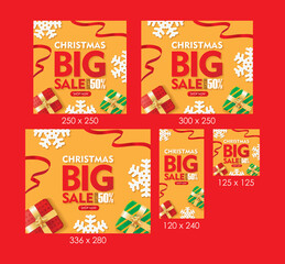 Christmas Big Sale Web Banners Orange Background with Gift box, Snowflakes, and Ribbons Set