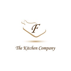 Kitchenware, Kitchen utensils business logo concept with cutting board and initial F letter template