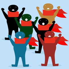 aggressive man fighting fist up, rebel in red scarf opened his mouth and screams,a crowd of people behaving aggressively, fighting for freedom