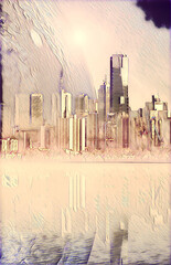 Science fiction novel book cover template - Modern megapolis skyline and huge alien planet reflecting in tranquil waters at sunset digital illustration. Elements of this image are furnished by NASA © Greg Brave