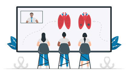 Students studies about lung cancer.  Awareness month of this disease is november. Online learning. Isolated vector is in flat style.