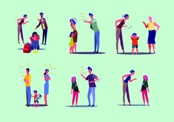 Set angry people having a conflict with wife husband child