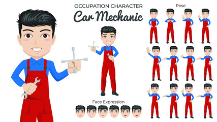 Male Car Mechanic Character Set with Variety of Pose and Face Expression