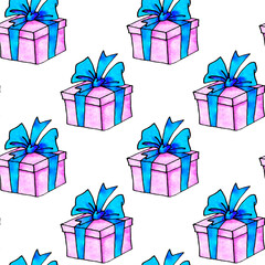 Seamless pattern with watercolor gift boxes. Festive backgrounds and textures. For greeting cards, wrapping paper, textile, prints, birthday, Valentines day, Xmas, holidays