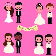 Wedding characters collection. cartoon wedding couple set