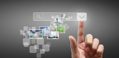 Obraz premium Hands touching button screen interface global connection customer networking