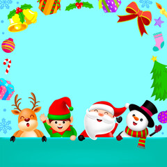 Cute cartoon Christmas character with Christmas elements and copy space. Santa Claus, Snowman, Reindeer and little elf. Christmas theme concept. Illustration.