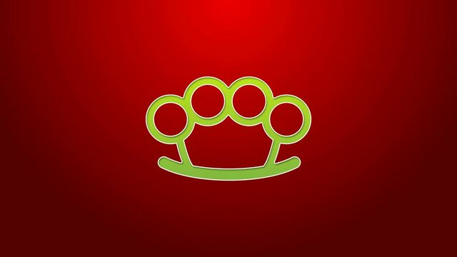 Green line Brass knuckles icon isolated on red background. 4K Video motion graphic animation