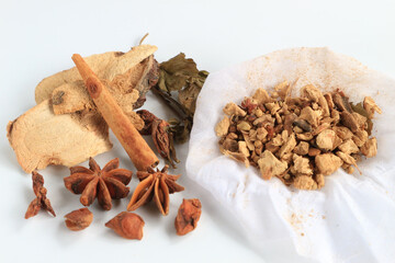 Spices and herbs on white background.