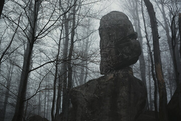 View of the mystical megaliths and rocks in the autumn forest. Megalithic rocks in the autumn in...