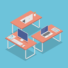 Isometric Office Workplace with Laptop and PC Monitor