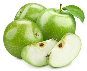Green apple fruit with leaves. Apple full macro shoot food ingredient on white isolated. Clipping path fig fruit. High End Retouching