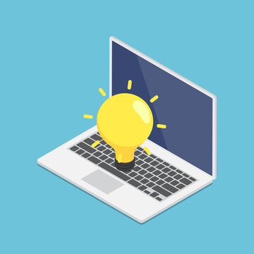 Isometric Laptop with Yellow Lightbulb of Idea