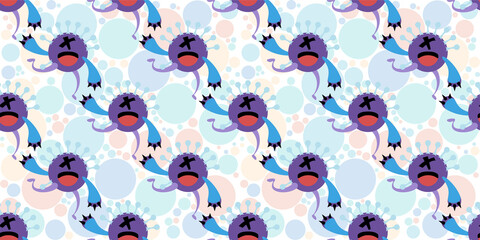 Seamless pattern of red cartoon germ in flat style design isolated on Colorful Random Scale Circles background. Bacteriology concept design. Vector illustration EPS10.