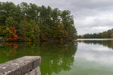green an orange autumn leaves from the trees reflect on a still lake one cloudy fall afternoon in New England