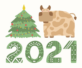 Cute Xmas card. Brown bull, Christmas tree, inscription 2021. Simple illustration in flat style. New Year postcard for banner and print.