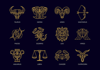 vintage thin line geometric astrology zodiac sign vector icon set collection