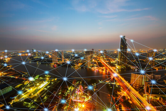 Smart City At Night With Network Connections Aerial View, Communication Technology Concept